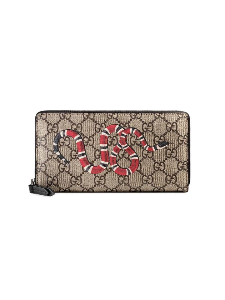 Gucci Snake Print Gg Supreme Zip Around Wallet - Neutrals