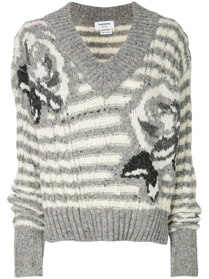 Thom Browne Rose Intarsia Tweed V-neck Pullover - Grey