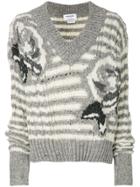 Thom Browne Rose Intarsia Tweed V-neck Pullover - Grey