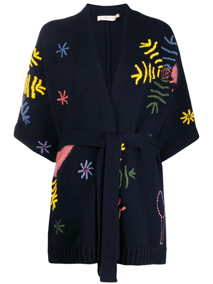Tory Burch Embroidered Wrap-style Cardigan - Blue