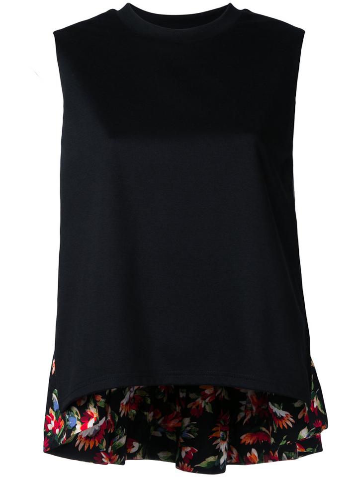 Clane - Sleeveless Floral Hem Top - Women - Cotton/rayon - 2, Black, Cotton/rayon