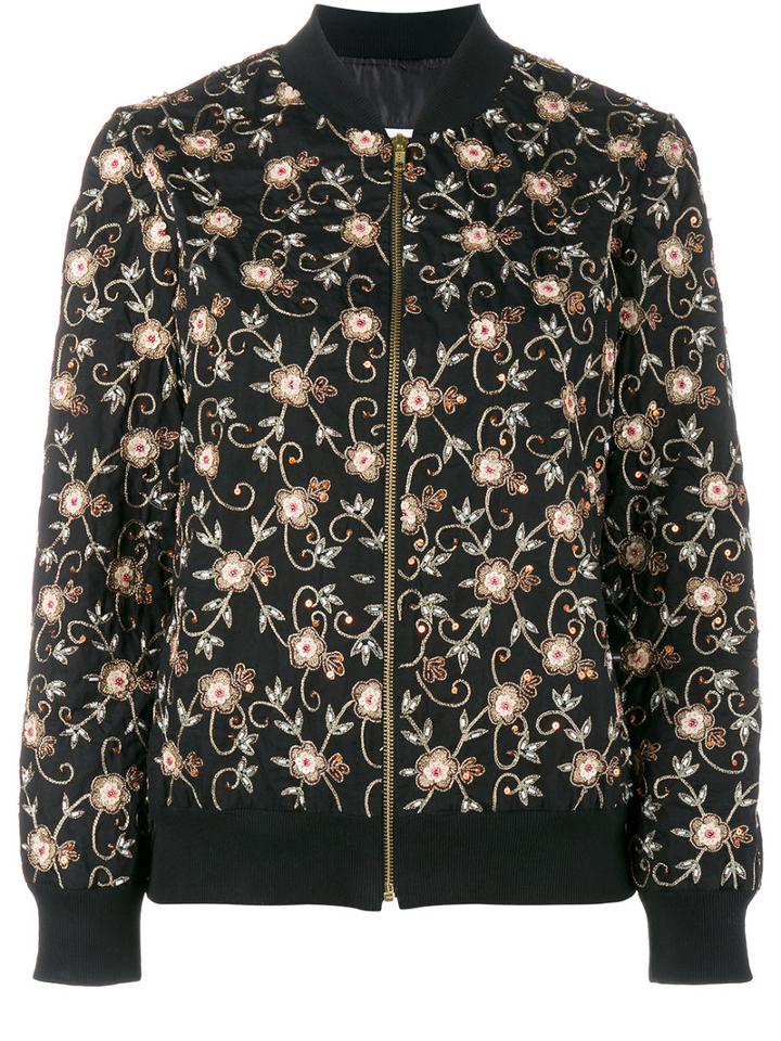 Ashish Floral Embroidered Bomber Jacket, Women's, Size: Xs, Black, Cotton/polyester
