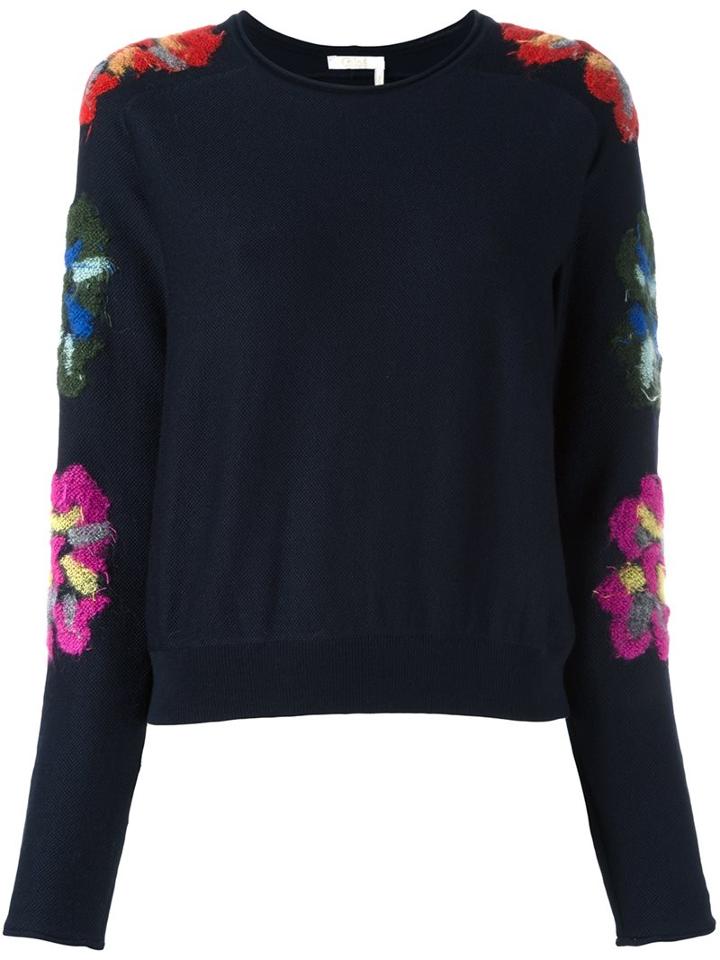 Chloé Floral Sleeve Jumper, Women's, Size: Medium, Grey, Polyamide/mohair/virgin Wool