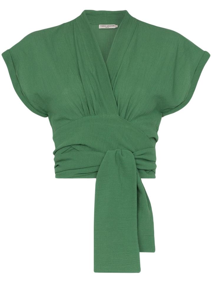 Three Graces Serena Cropped Sleeve Wrap Top - Green