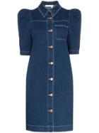 See By Chloé Puff Sleeve Button Down Denim Mini Dress - Blue