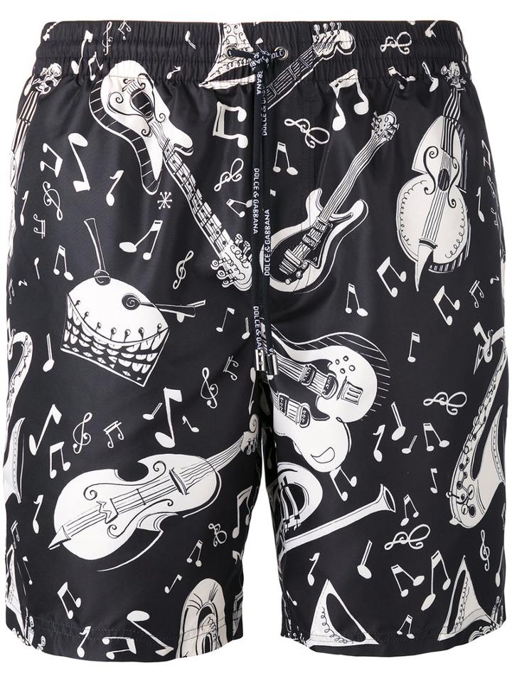 Dolce & Gabbana Musical Print Swim Shorts, Men's, Size: Iii, Black, Polyester