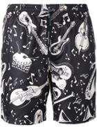 Dolce & Gabbana Musical Print Swim Shorts, Men's, Size: Iii, Black, Polyester