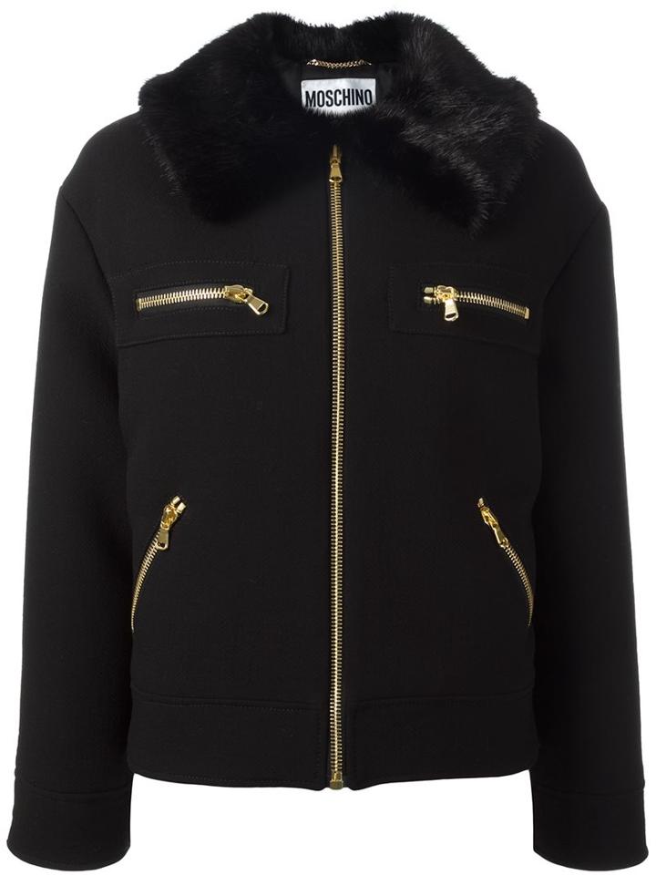 Moschino Faux Fur Collar Jacket, Women's, Size: 40, Black, Virgin Wool/modacrylic/polyester/rayon