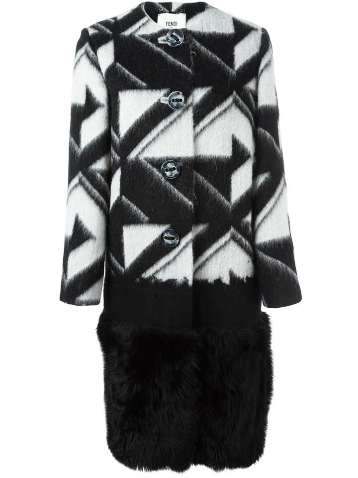Fendi Lamb Fur Panel Coat, Women's, Size: 42, Black, Lamb Skin/polyester/wool/lamb Fur