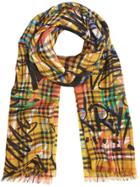 Burberry Graffiti Print Vintage Check Wool Silk Scarf - Yellow &