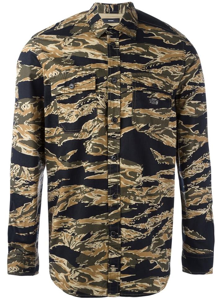 Diesel Camouflage Print Shirt, Men's, Size: Xl, Black, Cotton
