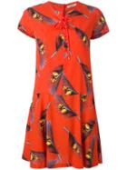 Cacharel Feather Print Shirt Dress, Women's, Size: 34, Red, Silk/cotton/spandex/elastane