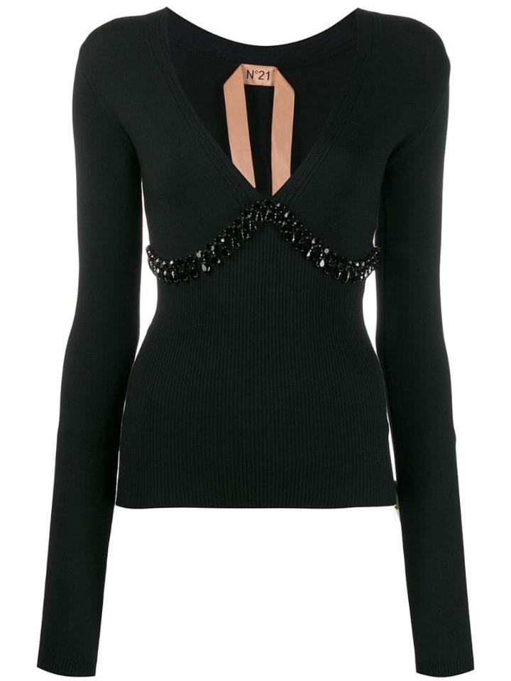 Nº21 Embellished V-neck Ribbed Top - Black
