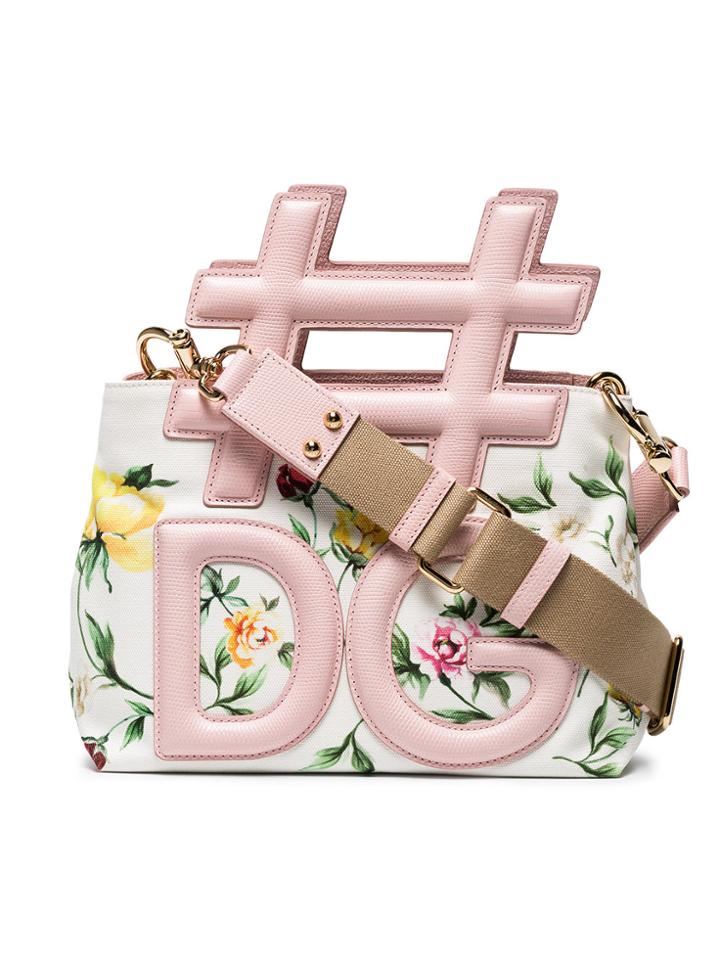 Dolce & Gabbana Cream And Pink Hashtag Floral Leather Shoulder Bag -