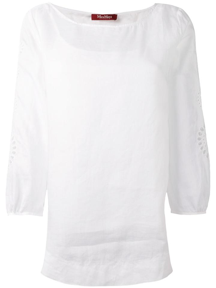 Max Mara Studio - Embellished Three-quarters Sleeves Blouse - Women - Cotton/ramie/spandex/elastane - L, White, Cotton/ramie/spandex/elastane