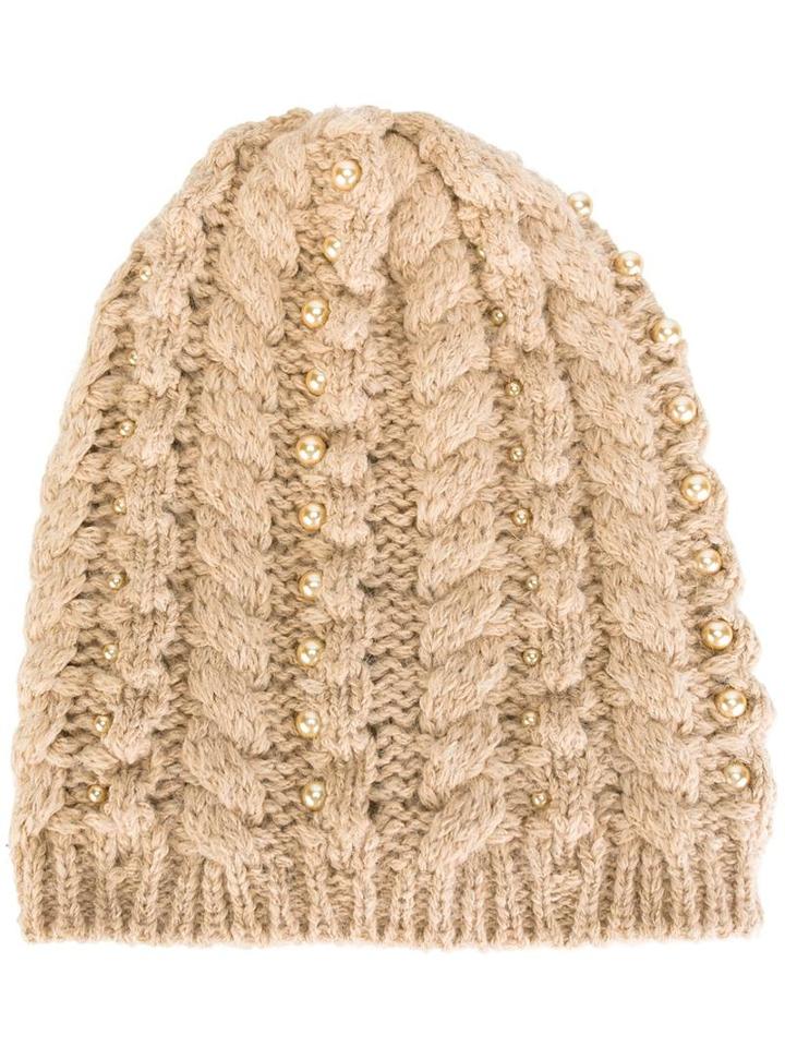 Ermanno Scervino Embellished Knit Beanie, Women's, Nude/neutrals, Alpaca