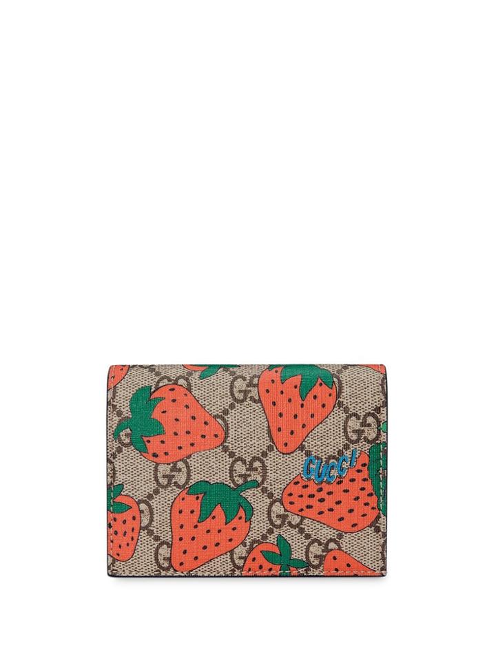 Gucci Gg Card Case With Gucci Strawberry Print - Brown