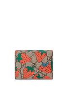 Gucci Gg Card Case With Gucci Strawberry Print - Brown