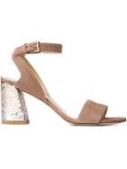 Stuart Weitzman Glitter Heel Sandals, Women's, Size: 39.5, Nude/neutrals, Leather/suede