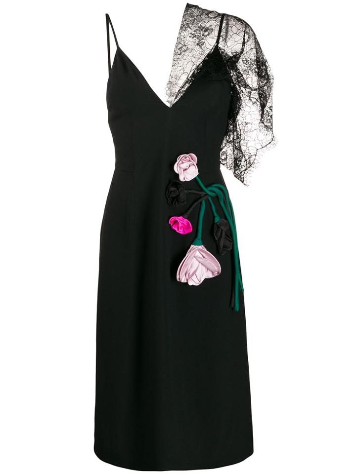 Prada Lace Detailed Floral Appliqué Dress - Black