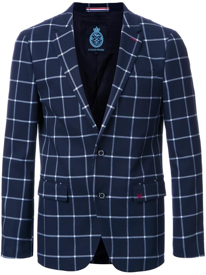Guild Prime Checked Single Breasted Blazer, Men's, Size: 3, Blue, Polyester
