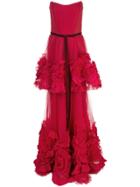 Marchesa Notte Ruffled Appliqué Strapless Gown - Red