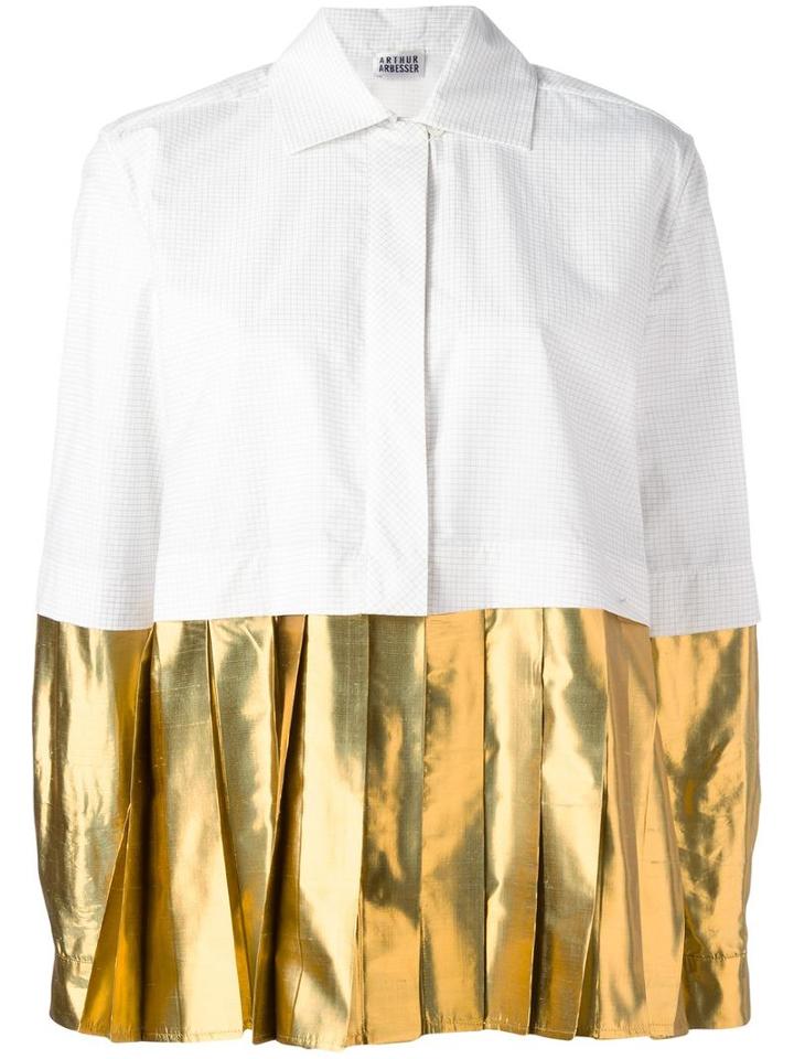 Arthur Arbesser Metallic Pleated Hem Shirt, Women's, Size: 42, White, Cotton/polyester