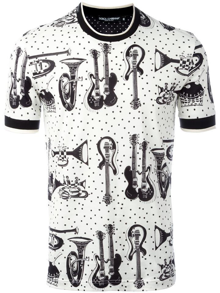 Dolce & Gabbana Guitar Print T-shirt, Men's, Size: 46, White, Cotton/silk