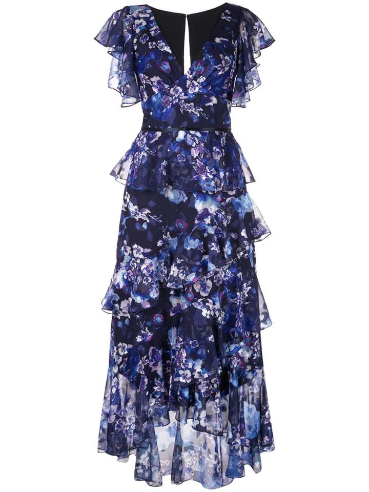 Marchesa Notte Ruffled Floral Print Dress - Blue