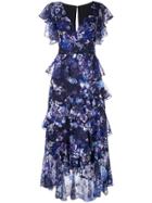 Marchesa Notte Ruffled Floral Print Dress - Blue