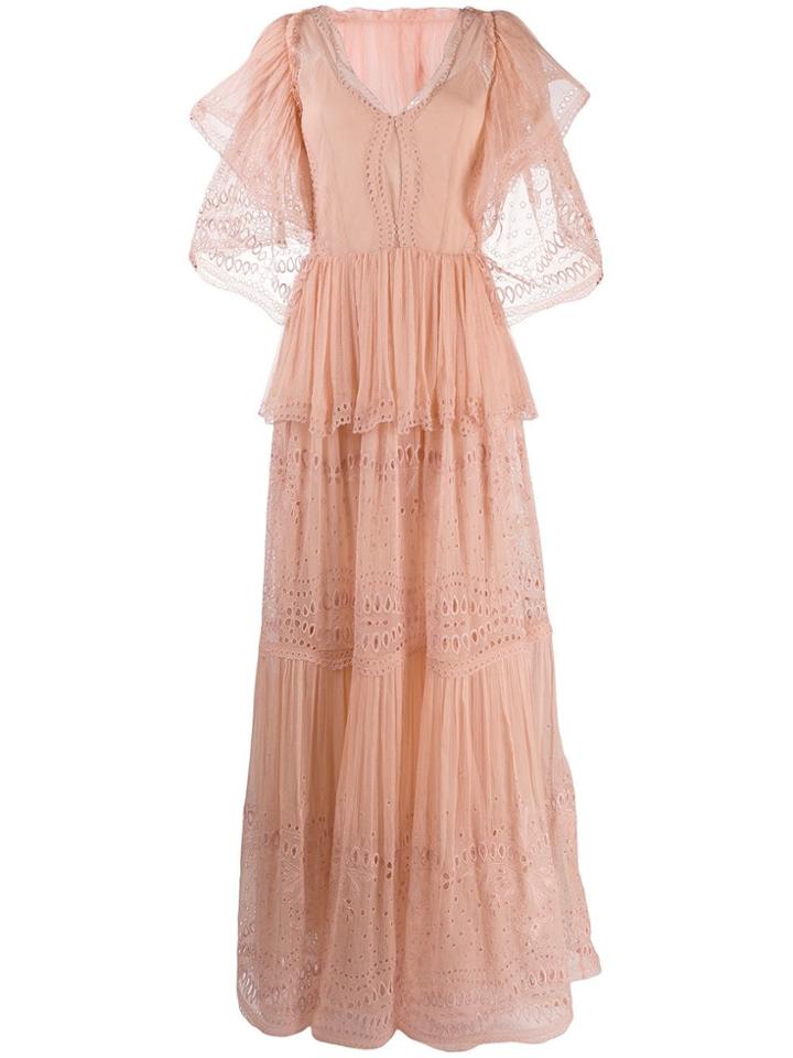 Alberta Ferretti Embroidered Ruffle Maxi Dress - Pink