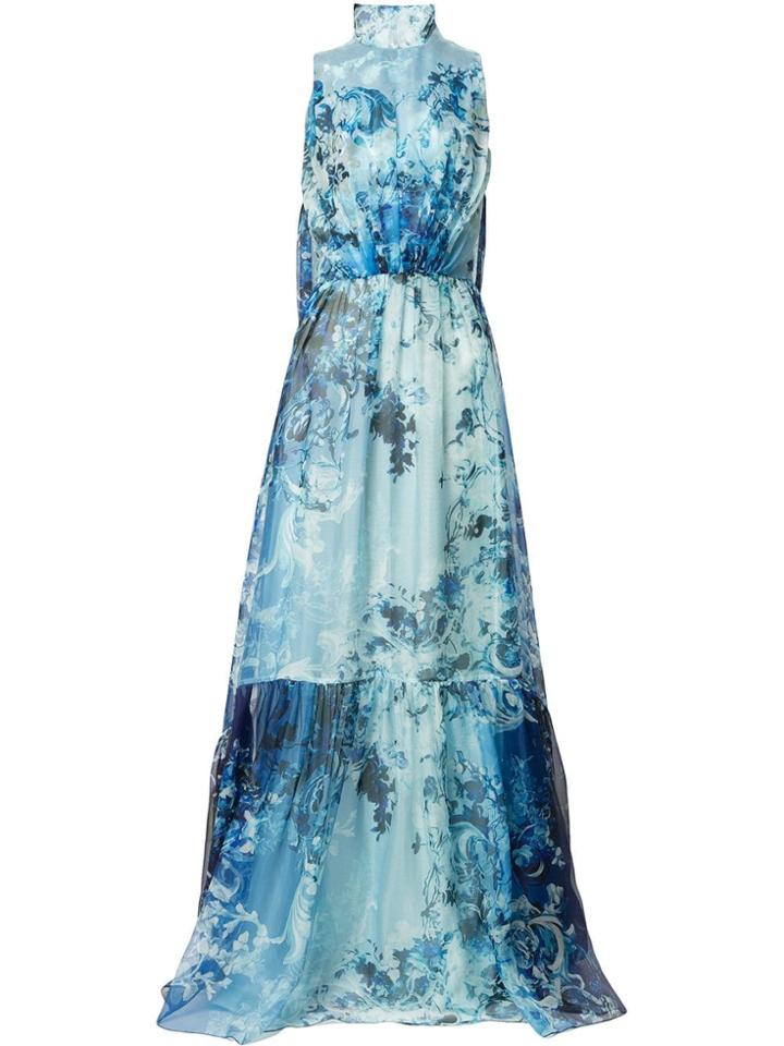 Isabel Sanchis Baroque Floral Printed Gown With Dramaticcape Back -
