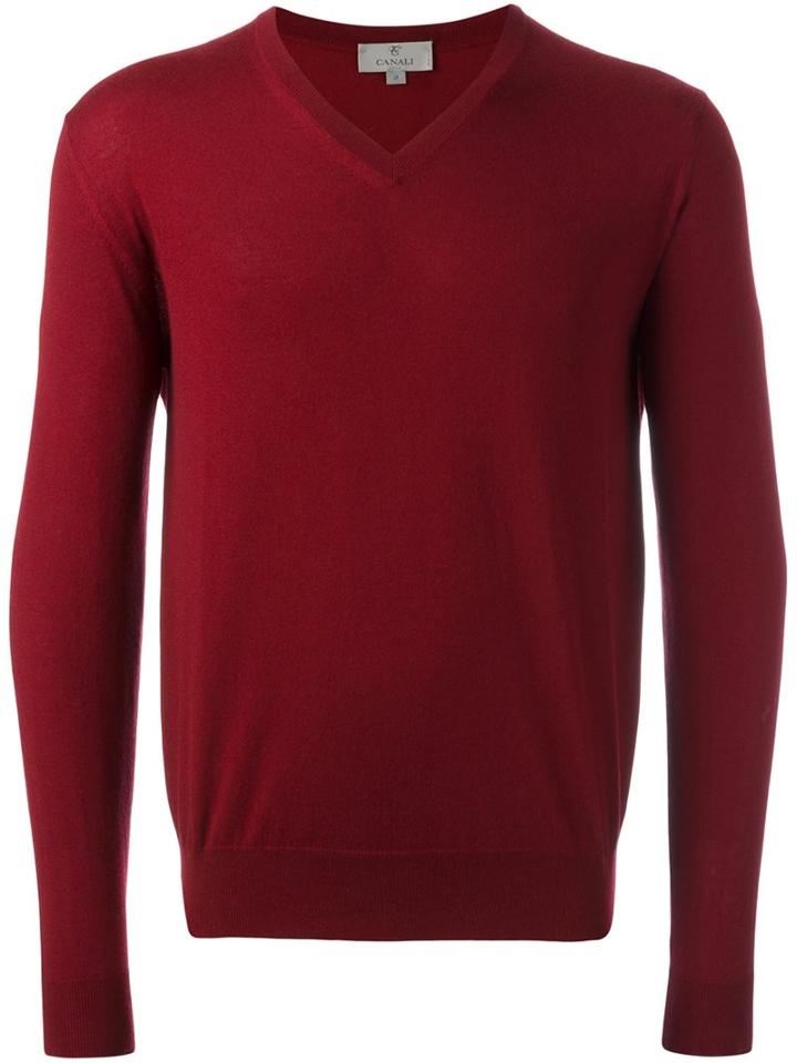 Canali V-neck Jumper, Men's, Size: 52, Red, Cashmere