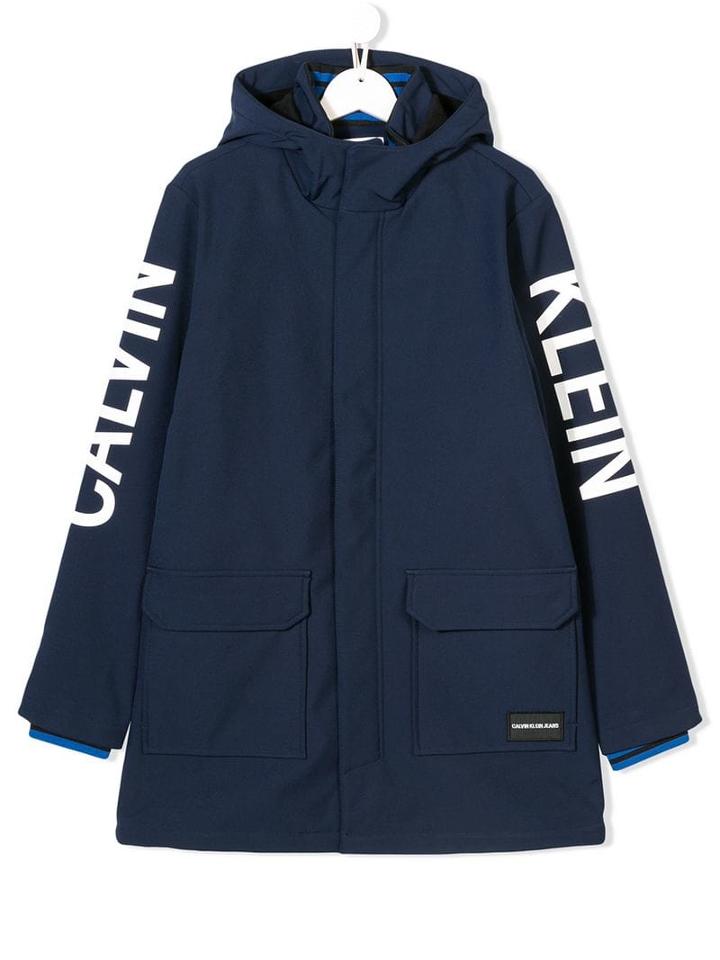 Calvin Klein Kids Logo Hooded Coat - Blue