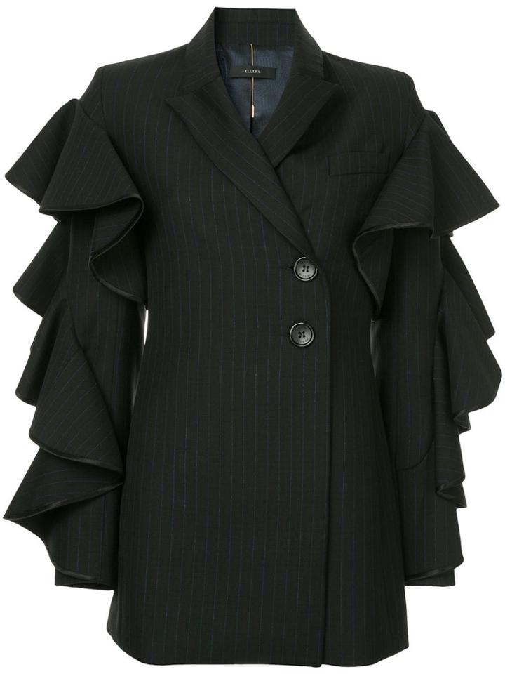 Ellery Frill Sleeve Pinstripe Blazer - Black