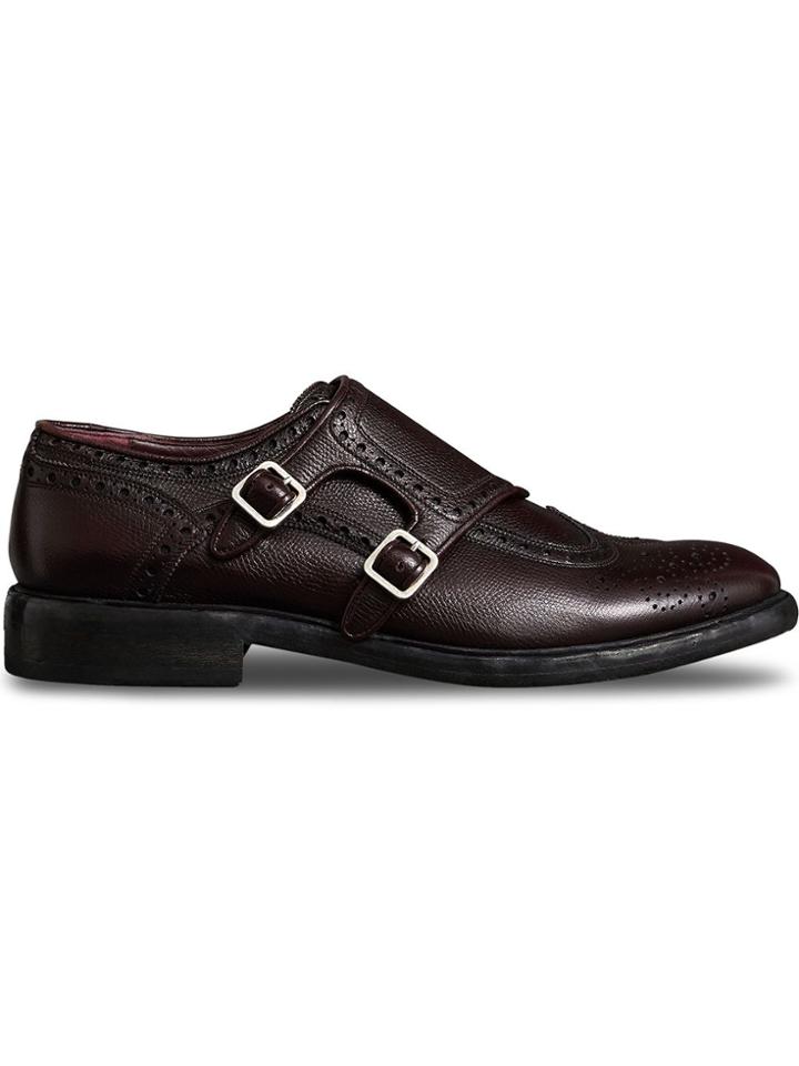 Burberry Brogue Detail Textured Leather Monk Shoes