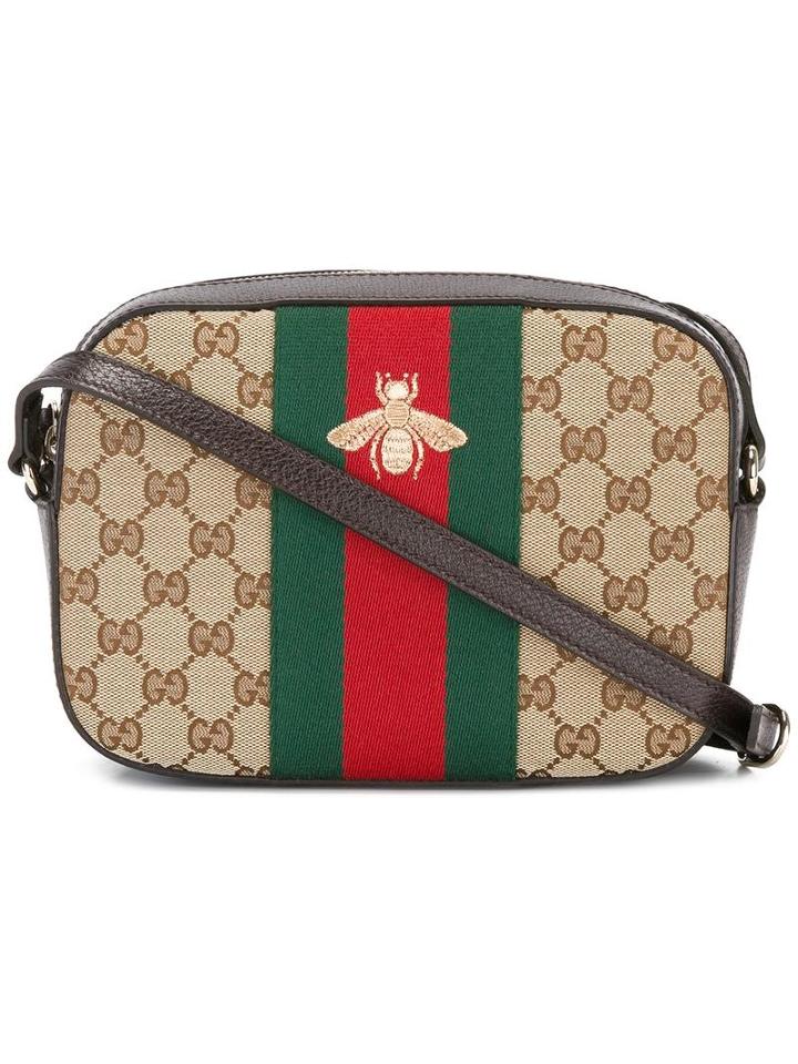 Gucci Bee Embroidered Gg Supreme Crossbody Bag, Women's, Nude/neutrals, Cotton/leather