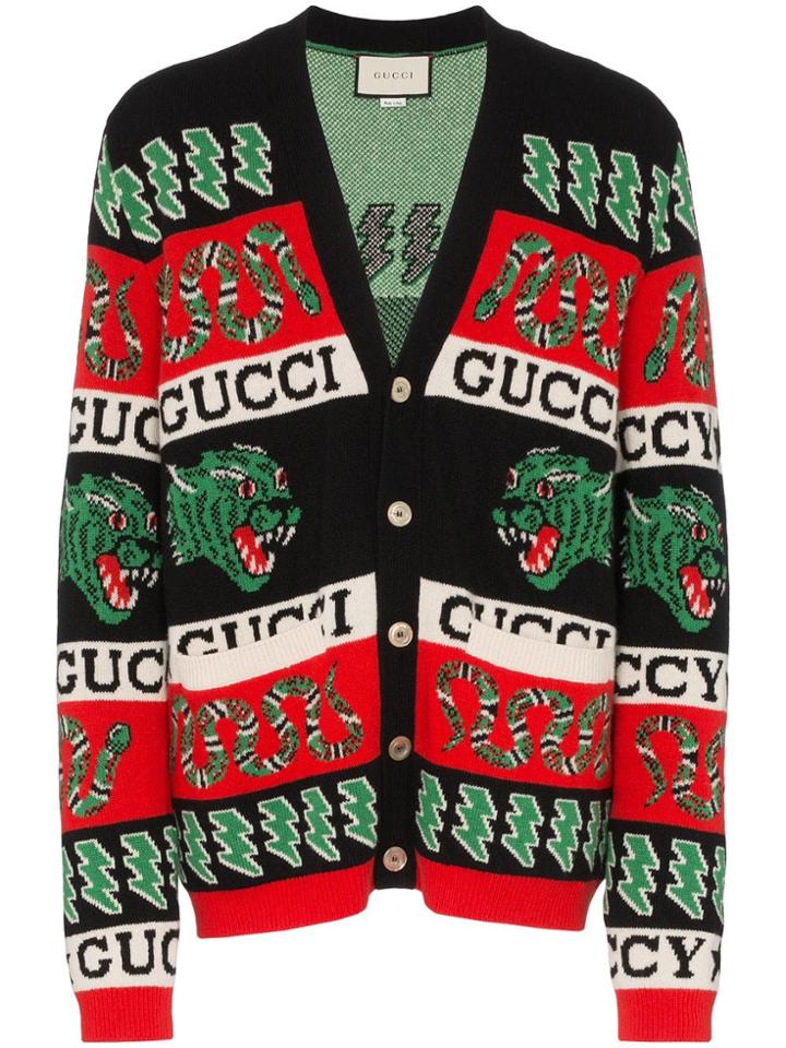 Gucci Tiger Logo Intarsia Knitted Wool Cardigan - 1082 Multicoloured