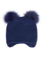 Inverni Double Pompom Beanie, Women's, Blue, Fox Fur/cashmere