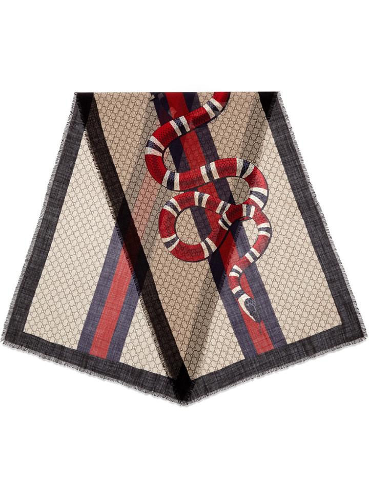 Gucci Web And Kingsnake Print Wool Scarf - Brown