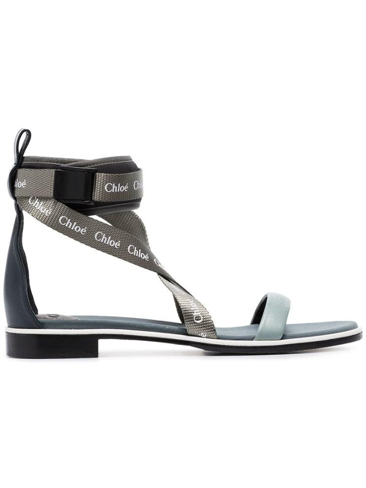 Chloé Sea Blue Fabric Strap Logo Print Sandals - Green