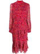 Saloni Print Ruffled Midi Dress - Red