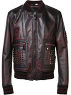 Philipp Plein Studded Bomber Jacket, Men's, Size: Large, Red, Viscose/calf Leather/virgin Wool/spandex/elastane