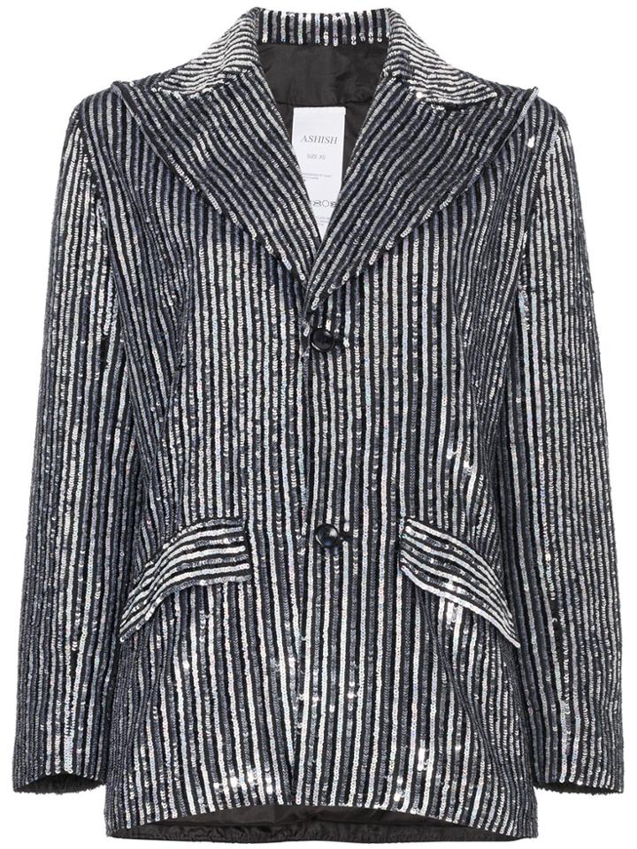 Ashish Striped Sequin Embellished Blazer - Black
