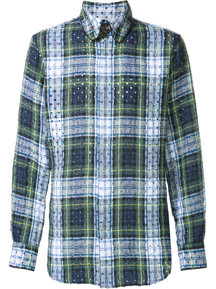 Vivienne Westwood Man Hole-punched Plaid Shirt, Men's, Size: 50, Blue, Linen/flax/cotton