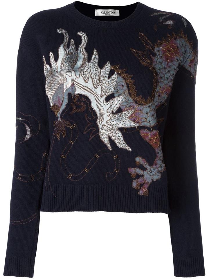 Valentino 'dragon' Embroidered Jumper, Women's, Size: Medium, Blue, Cotton/polyester/cashmere/metallic Fibre