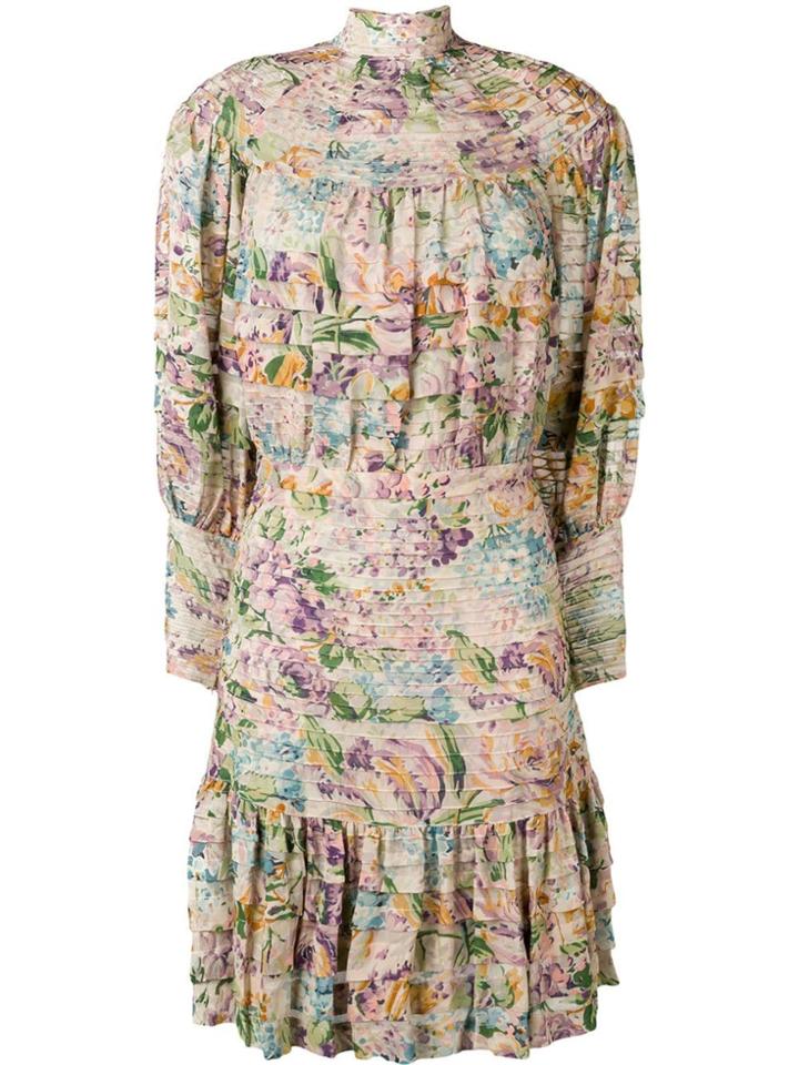 Zimmermann Horizontal Pleats Floral Dress - Neutrals
