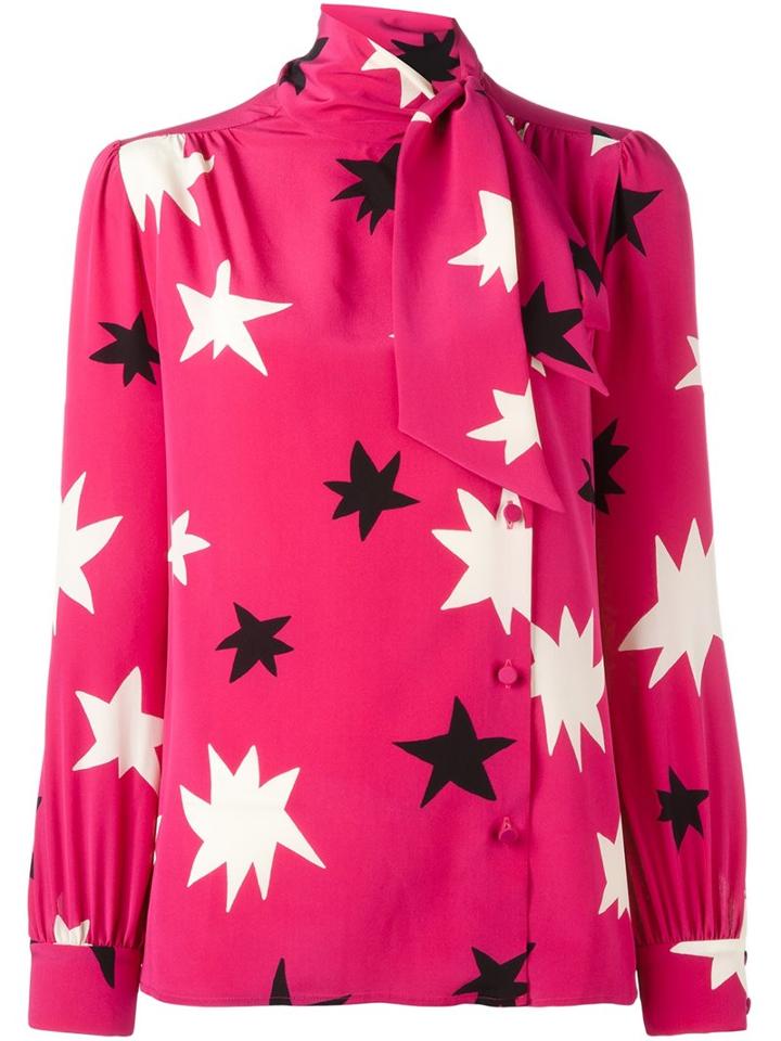 Saint Laurent Star Print Pussy Bow Blouse, Women's, Size: 40, Pink/purple, Silk