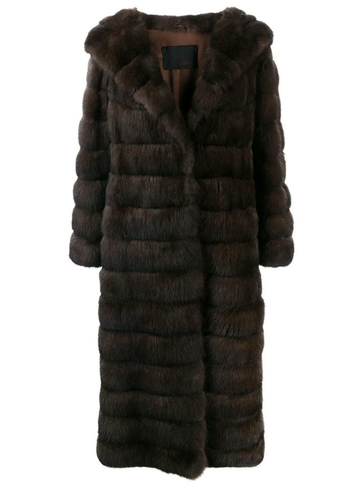 Liska Long Fur Coat With Wide Lapels - Brown