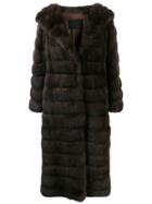 Liska Long Fur Coat With Wide Lapels - Brown